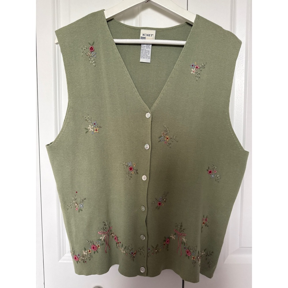 Vintage Koret Sage Green Floral Embroidered Button Front Sweater Vest Large